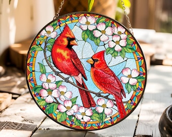 Atrapasol Cardenal: Vitral colgante, regalo para amantes de las aves