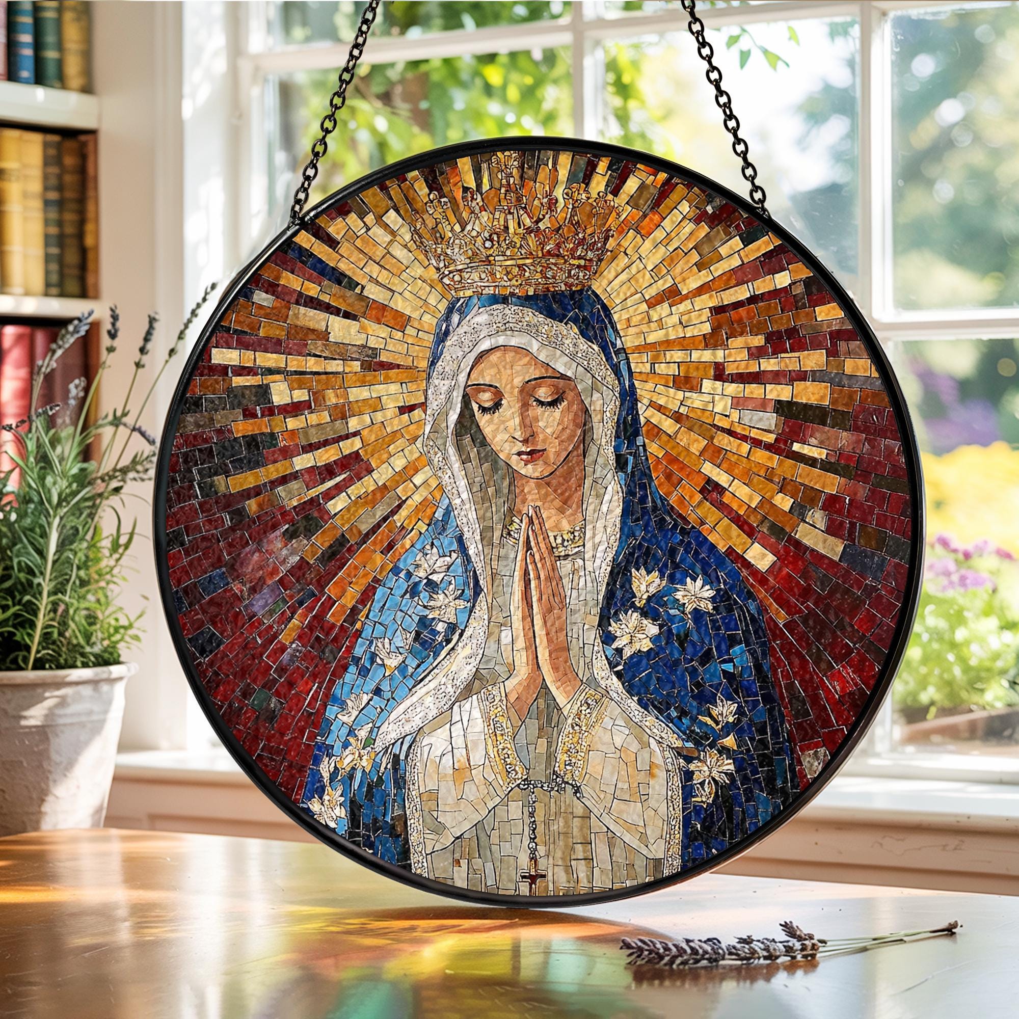 聖母マリアのステンドグラスサンキャッチャー、宗教的な壁飾り、祈る