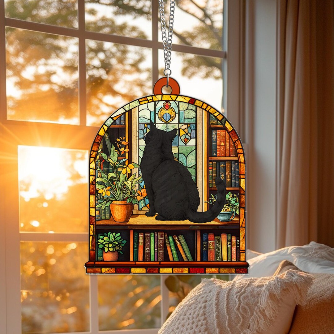 Black Cat Reading Suncatcher: Book Lover Window Decor - Etsy