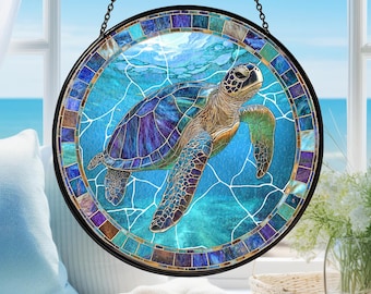 Attrape-soleil en vitrail tortue de mer : décoration de fenêtre, cadeau pour amoureux des tortues