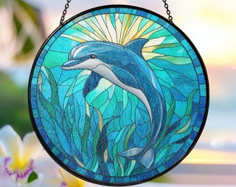 イルカのステンドグラスアートパネル - 海の波模様の円形窓掛け - Etsy