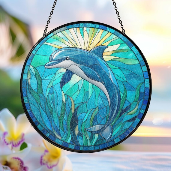 イルカのステンドグラスのサンキャッチャー：海の波の窓掛け - Etsy 日本
