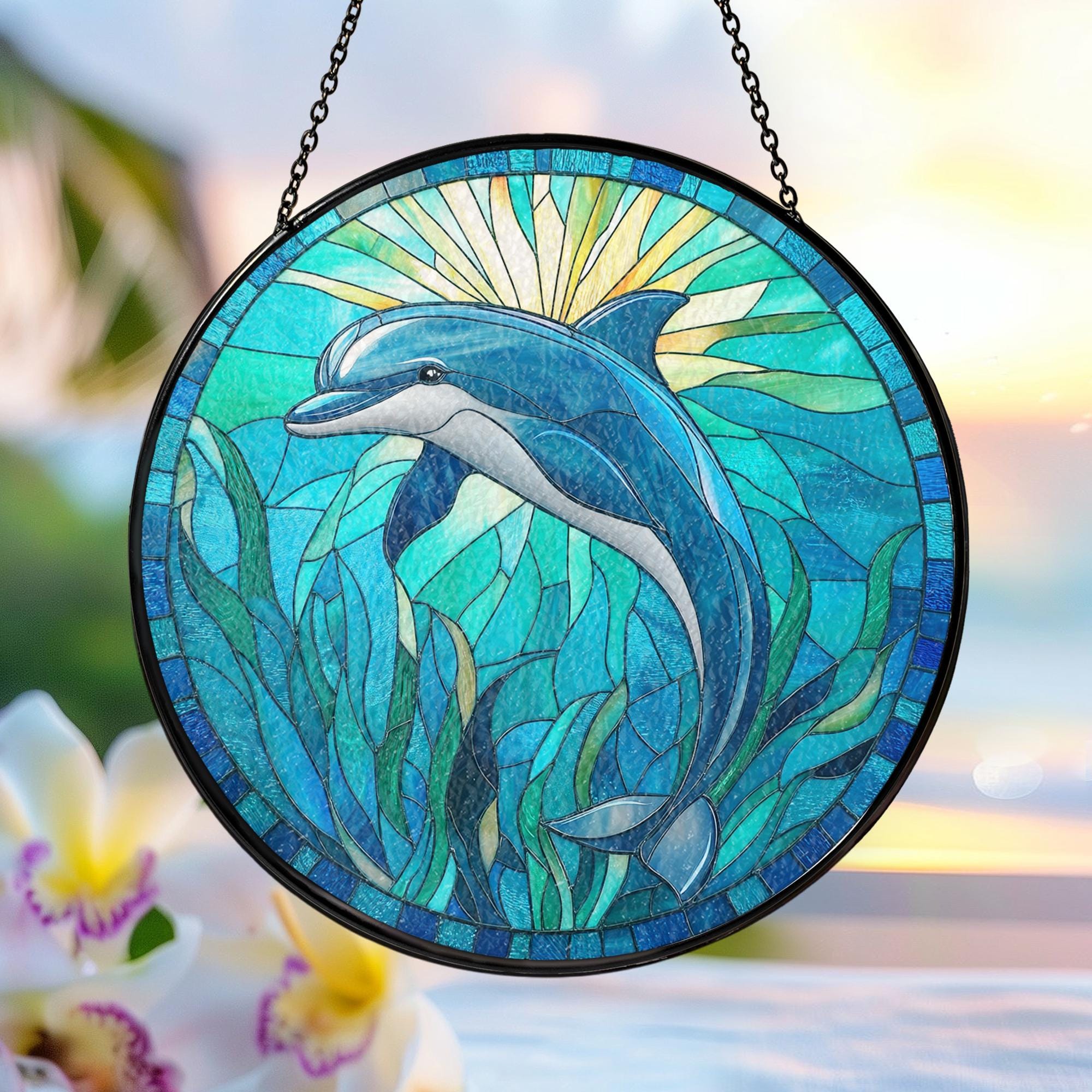 イルカのステンドグラスのサンキャッチャー：海の波の窓掛け - Etsy 日本