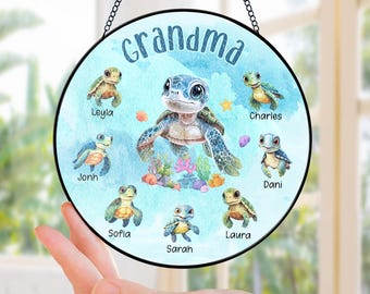Attrape-soleil personnalisé tortue grand-mère, vitrail petits-enfants, cadeau fête des mères
