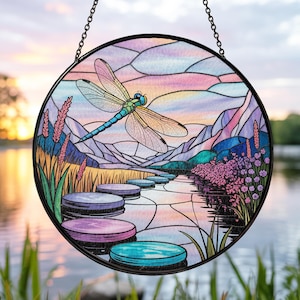River and Dragonfly Pattern Suncatcher Stained Glass, Dragonfly Hanging Stained Glass for Windows, Dragonfly Sun Catcher Garden
