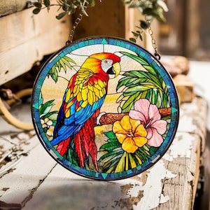 Parrot Suncatchers for Windows Hanging, Bird Suncatcher, Hummingbird Gifts Bird Decor for Garden, Home Sun Catcher Window Decor Glass Art