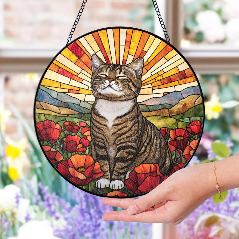 Tabby Cat Stained Glass Suncatcher: Orange Poppies Window Hanging - Etsy