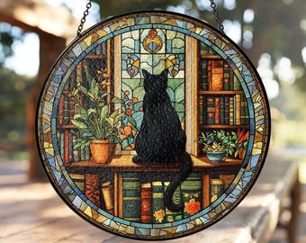Black Cat Stained Glass Suncatcher: Book Lover Librarian Decor