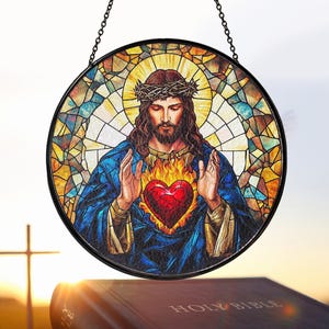 Jesus Suncatcher, Sacred Heart Of Jesus Faux Stained Glass Window Hanging Ornament, Christian Gift, Religious Decor Gift For Christian