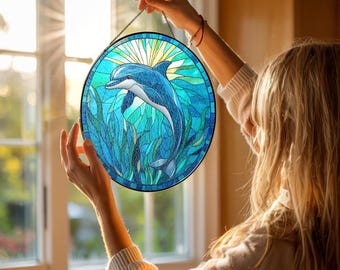 イルカのステンドグラスのサンキャッチャー：海の波の窓掛け - Etsy 日本