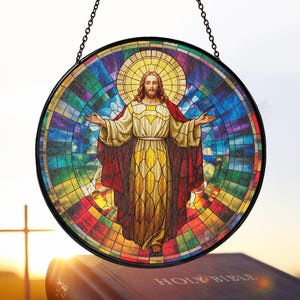 Christ Jesus Decor Stained Glass Suncatcher, Christ Religious Window Wall Hanging Ornament Hand, Christmas Party Wedding Housewarming Gift