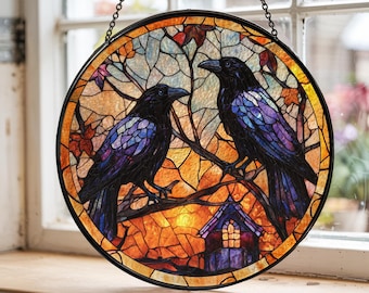 Crows Stained Suncatcher, Crows Window Hanging, Crow Raven Wall Decor for Bird Lovers, Halloween Fall Christmas Decor for Home