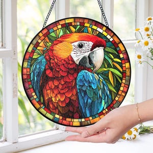 Parrot Suncatcher, Bird Lover Gift, Funny Parrot Stained Glass Suncatcher, Tropical Parrot Window Hanging Decor, Nature Suncatcher