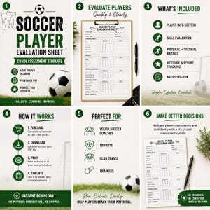 May include: A soccer player evaluation sheet with the title "Soccer Player Evaluation Sheet Coach Assessment Template". The sheet includes sections for player info, skill evaluation, and ratings. A soccer ball is also visible.