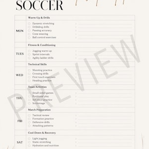 May include: A soccer practice plan with the words "WEEKLY SOCCER Practice Plan" at the top. The plan includes sections for warm-up, fitness, technical skills, team activities, match preparation, and cool-down exercises. The plan is beige with brown text.