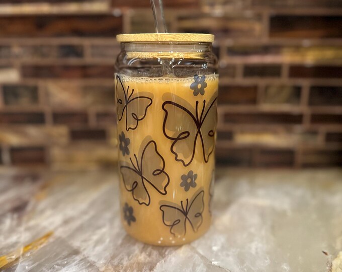 Personalized 16oz Glass Cup with Lid and Straw, Butterfly and Flower Design, Custom Tumbler, Cute Drinkware Gift