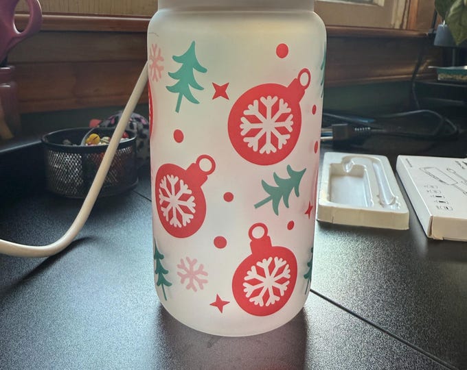 Frosted Christmas Glass Cup with Bamboo Lid & Straw | Holiday Iced Coffee Cup | Snowflake Ornament Tumbler | Christmas Gift for Her