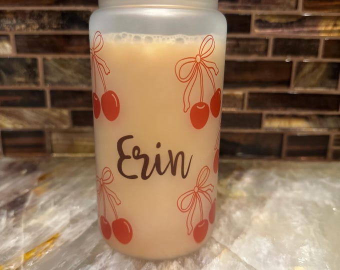 Custom Cherry Glass Cup With Lid, Straw Included, Bow Design, 16oz Personalized Tumbler, Name Gift, Cute Drinkware