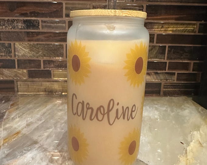 Custom Sunflower Glass Cup with Lid and Straw, 16oz Tumbler, Personalized Name Cup, Sunflower Gift, Reusable Drinkware, 16oz Glass Cup