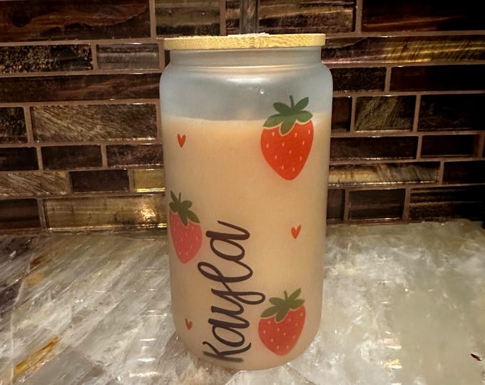 Strawberry And Hearts Cute Glass Can, Aesthetic Coffee Glass With Lid And Straw, Summer Coffee Cup, Summer Iced Coffee Glass Tumbler, Custom