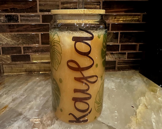 Monstera Glass Cup with Custom Name, 16oz Tumbler with Lid and Straw, Eco-Friendly Gift, Personalize Your Drinkware
