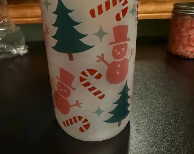 Frosted Christmas Glass Cup with Bamboo Lid & Straw | Holiday Iced Coffee Cup | Snowmen Trees and Candy Canes Tumbler