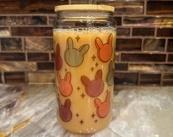 Personalized Bunny Glass Tumbler, 16oz Iced Coffee Cup with Lid & Straw