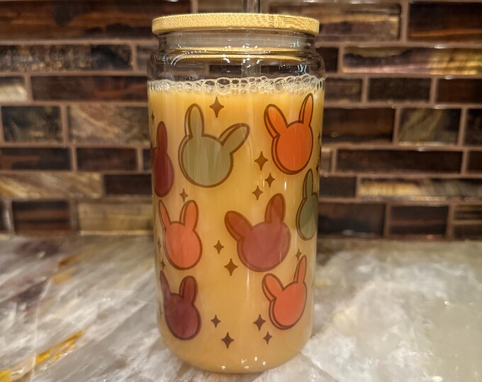Personalized 16oz Glass Cup with Lid and Straw, Colorful Bunnies and Stars Design, Custom Tumbler, Cute Drinkware Gift