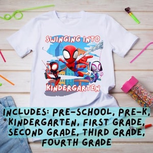 Swinging Into School SVG + PNG / Diseño de camiseta de regreso a clases de Spider Hero / Preescolar a 4.º grado