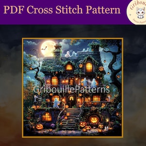 The Haunted Mansion, kruissteekpatroon, PDF, PK & Saga compatibel, groot formaat, volledige dekking, Halloween, spoken, huis