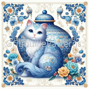 Mini Blue cat and Chinese porcelain 1, modèle de point de croix, Chat, Chine, PDF, téléchargement instantané, couverture totale