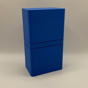May include: A blue, two-piece, rectangular storage box with a smooth surface.
