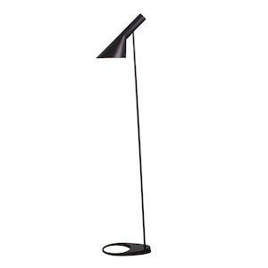 May include: A modern black floor lamp with a conical shade and a slender, straight pole. The lamp has a circular base and a minimalist design, suitable for contemporary interiors.