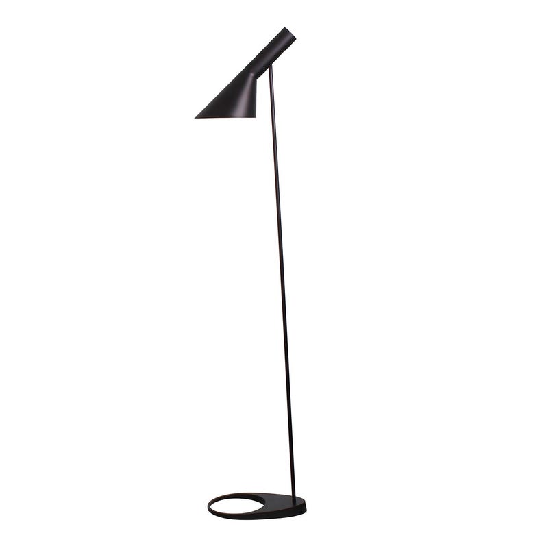 May include: A matte black floor lamp featuring a slender vertical pole, a circular base with an open cutout, and an adjustable, angled conical shade that directs light downward. The design is characterized by its clean lines and solid dark finish.