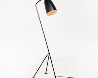 May include: A floor lamp featuring a slender black metal frame with a tripod base and a single, downward-facing, dome-shaped black shade. The interior of the shade is a light, warm beige color, and a black power cord extends from the base.