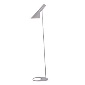 May include: A light gray floor lamp featuring a slender vertical pole, a circular base with an open center, and an angled, conical shade that directs light downward. The entire structure is finished in a uniform, matte light gray color.