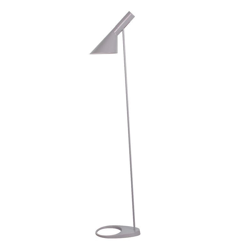 May include: A light gray floor lamp featuring a slender vertical pole, a circular base with an open center, and an angled, conical shade that directs light downward. The entire structure is finished in a uniform, matte light gray color.