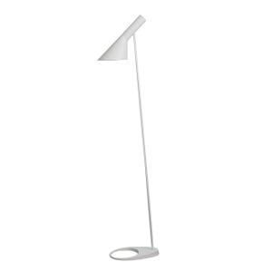 May include: A white floor lamp featuring a slender, straight vertical pole connected to a tilted, conical shade. The lamp is supported by a flat, circular base with an open center, providing a stable foundation for the tall, thin structure.
