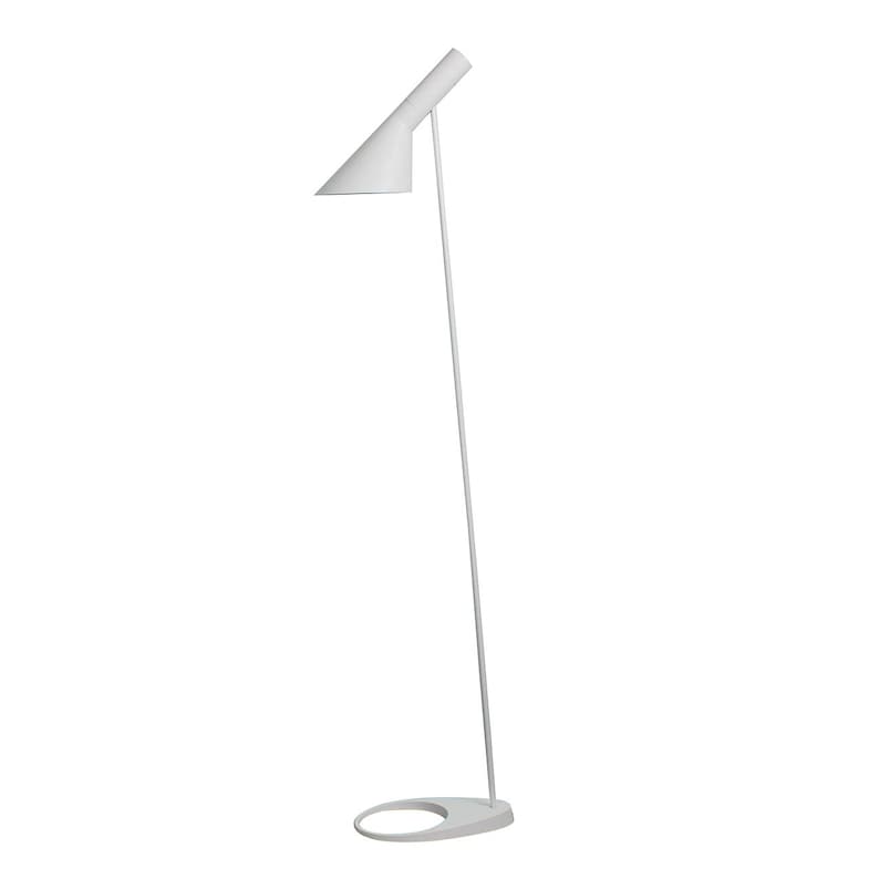 May include: A white floor lamp featuring a slender, straight vertical pole connected to a tilted, conical shade. The lamp is supported by a flat, circular base with an open center, providing a stable foundation for the tall, thin structure.