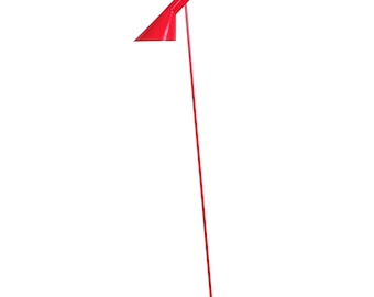 May include: A bright red floor lamp featuring a slender, straight vertical pole that connects to a circular, open-center base. The lamp head is a conical, angled shade attached to the top of the pole, creating a sleek, singular silhouette.