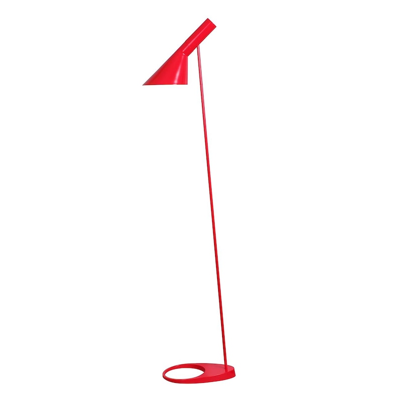 May include: A bright red floor lamp featuring a slender, straight vertical pole that connects to a circular, open-center base. The lamp head is a conical, angled shade attached to the top of the pole, creating a sleek, singular silhouette.