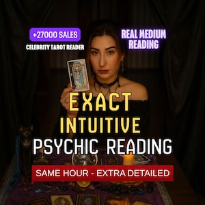 May include: An image advertising psychic readings. Text includes "+27000 SALES", "CELEBRITY TAROT READER", "REAL MEDIUM READING", "EXACT INTUITIVE PSYCHIC READING", and "SAME HOUR - EXTRA DETAILED". A woman is holding a tarot card.