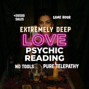 Puede incluir: Imagen que promociona un servicio de lectura psíquica. El texto dice "AMOR EXTREMADAMENTE PROFUNDO LECTURA PSÍQUICA" en un estilo neón. El texto adicional incluye "+26000 VENTAS", "MISMA HORA", "SIN HERRAMIENTAS" y "TELEPATÍA PURA". Una mujer sostiene una carta.