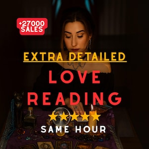 以下が含まれることがあります： 愛のリーディングサービスを宣伝する画像。「EXTRA DETAILED LOVE READING SAME HOUR」というテキストと5つ星の評価が表示されています。画像には、女性、タロットカード、ろうそく、その他の神秘的なアイテムも含まれています。