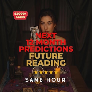 May include: A woman holding a tarot card, with text overlayed: "NEXT 12-MONTH PREDICTIONS FUTURE READING SAME HOUR." The image includes a lit candle, a crystal ball, and a table with tarot cards. A banner in the corner reads "25000+ SALES."