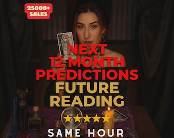 May include: A woman holding a tarot card, with text overlayed: "NEXT 12-MONTH PREDICTIONS FUTURE READING SAME HOUR." The image includes a lit candle, a crystal ball, and a table with tarot cards. A banner in the corner reads "25000+ SALES."