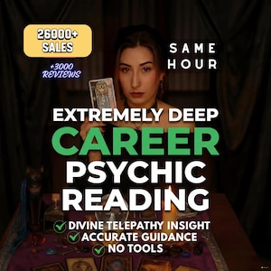 May include: An image promoting a career psychic reading. The text includes "26000+ SALES", "+3000 REVIEWS", "EXTREMELY DEEP CAREER PSYCHIC READING", and "SAME HOUR". Additional text highlights "DIVINE TELEPATHY INSIGHT", "ACCURATE GUIDANCE", and "NO TOOLS".