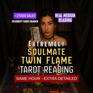 May include: An image promoting tarot readings. Text includes "+27000 SALES", "CELEBRITY TAROT READER", "REAL MEDIUM READING", "EXTREMELY SOULMATE TWIN FLAME TAROT READING", and "SAME HOUR - EXTRA DETAILED". A woman holds a tarot card.