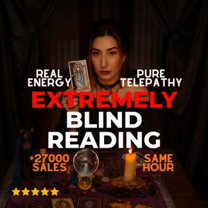 May include: An image promoting a blind reading service. Text includes "Real Energy", "Pure Telepathy", "Extremely Blind Reading", "+27000 Sales", and "Same Hour". A woman holds a tarot card, with a crystal ball and lit candle on a table.