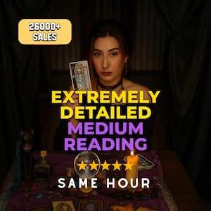 May include: A woman holding a tarot card, with text that reads "EXTREMELY DETAILED MEDIUM READING" and "SAME HOUR". The image also includes a lit candle, a crystal ball, and the text "26000+ SALES".